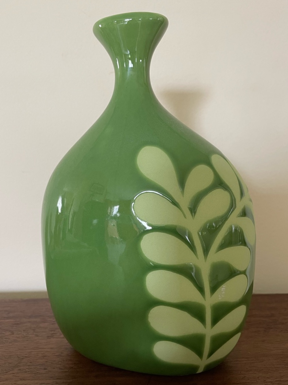 Crate & Barrel Green Brin Vase with Leaf Pattern